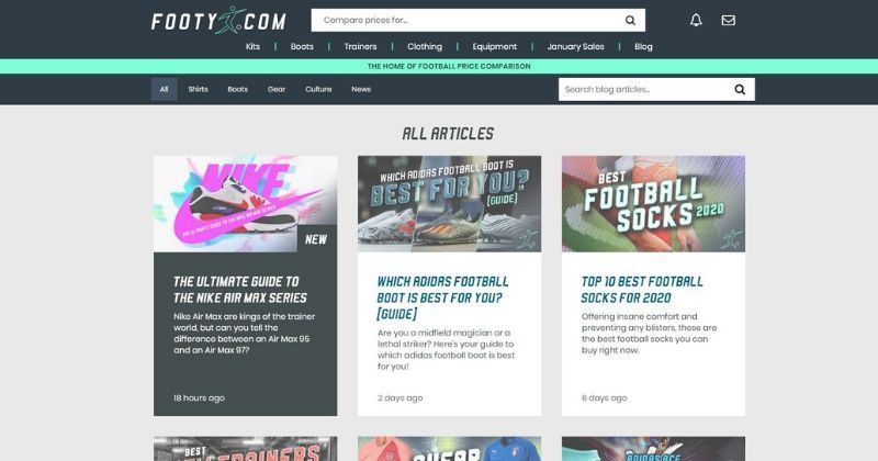 screenshot of the footy.com blog page