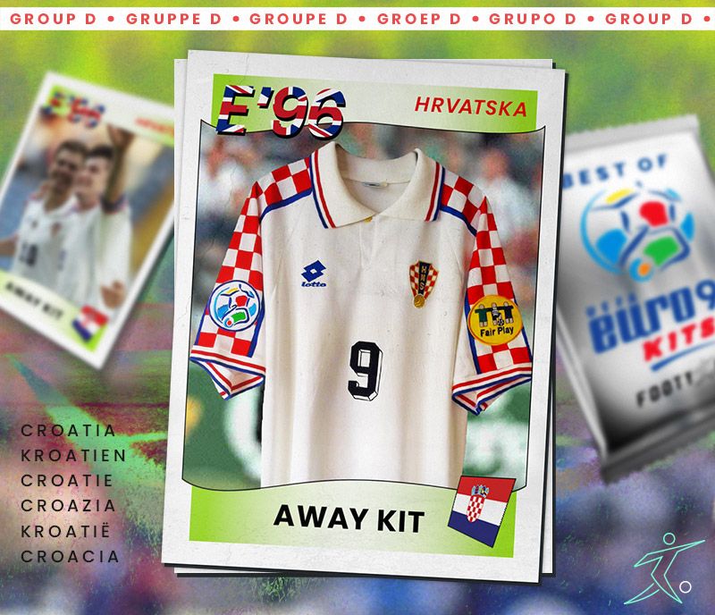 white euro 96 croatia shirt shown in the style of a retro panini sticker