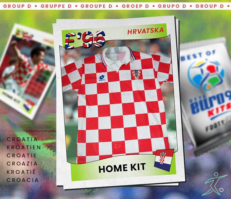 croatia red and white check euro 96 home kit with shown in a retro sticker style