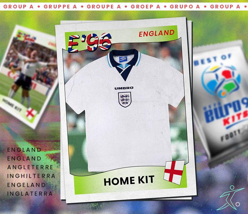 england euro 96 home kit by umbro and styled as a retro sticker