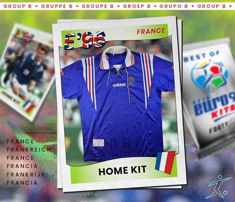france euro 96 home kit with laced collar, shown as a sticker from the tournament
