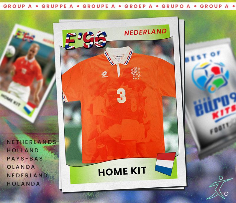 orange holland euro 96 shirt featuring faded graphic of players celebrating