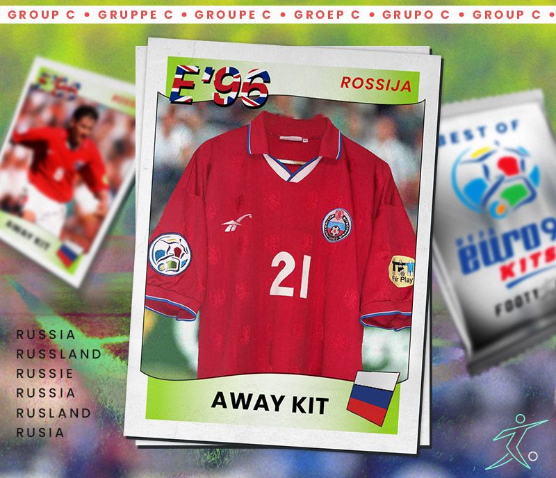 red russia euro 96 away kit with panini sticker book styling
