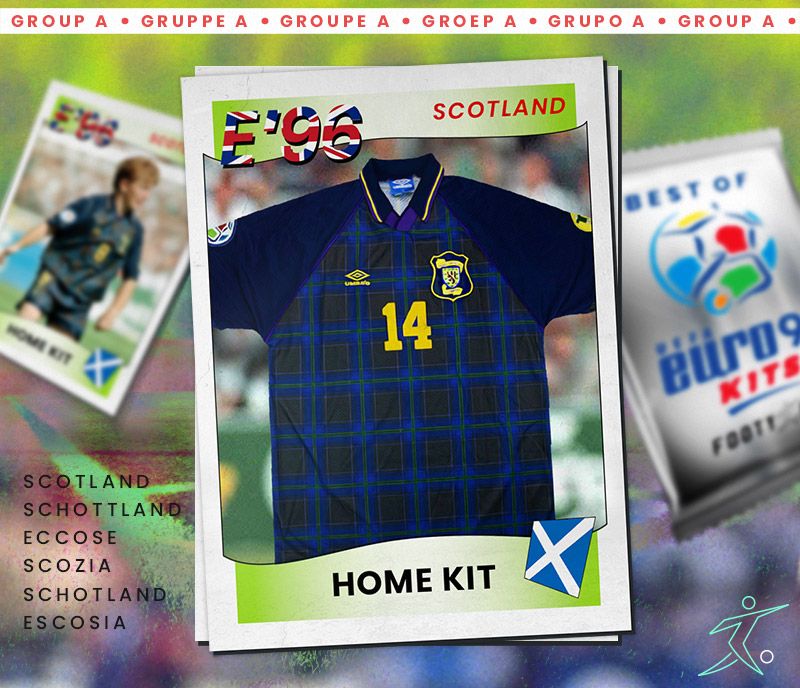 retro scotland euro 96 home kit with striking tartan pattern, displayed as an old-school sticker