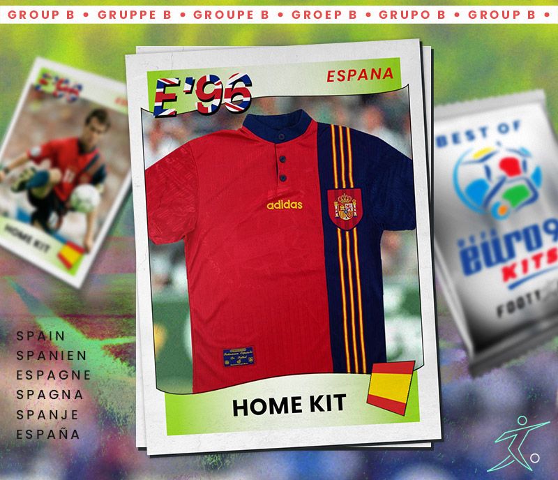 spain euro 96 kit with bold navy panel displayed as a retro sticker