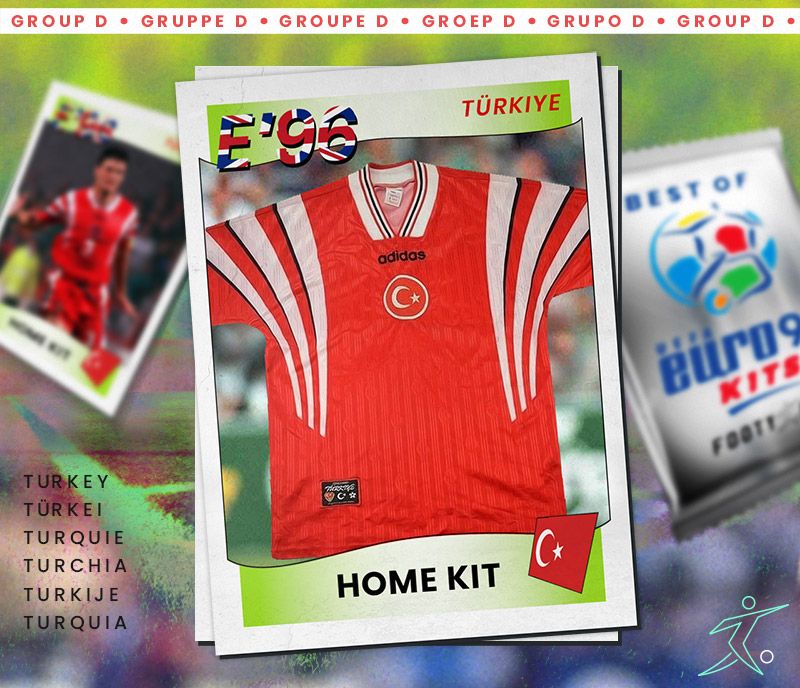 turkey euro 96 red home shirt shown as a retro sticker from the tournament