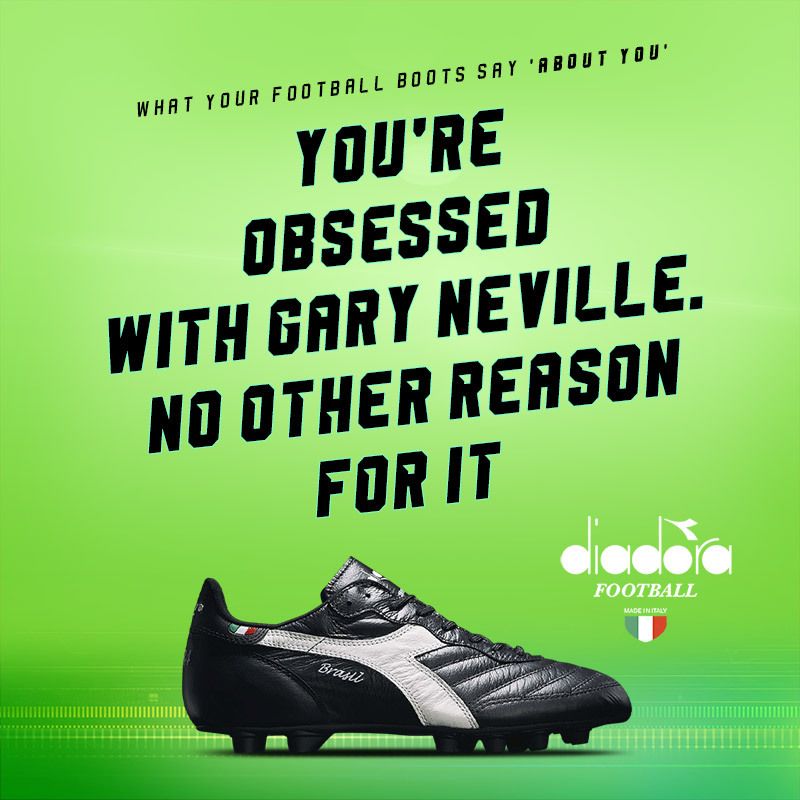 black diadora brasil football boots with text saying you must be obsessed with gary neville