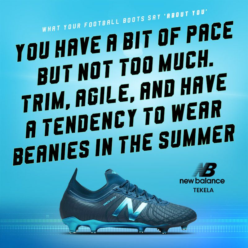 blue new balance tekela boots with text saying wearers are fast and agile