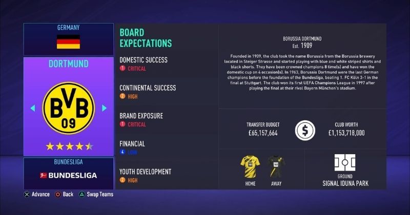 borussia dortmund in fifa 21 career mode