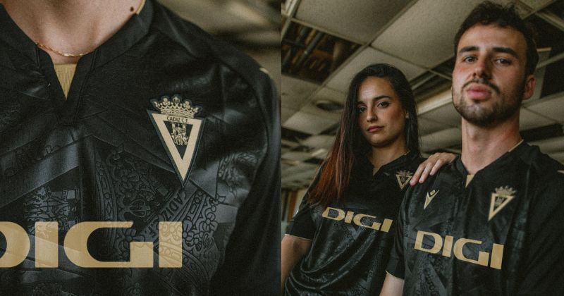male and female player wearing cadiz 2023-24 away shirt in black and gold