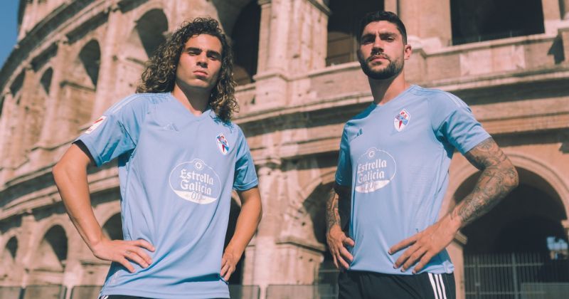 players wearing celta vigo 2023-24 home shirt in light blue