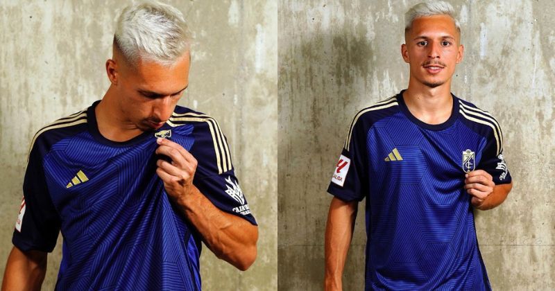 player wearing granada 2023-24 away shirt in blue