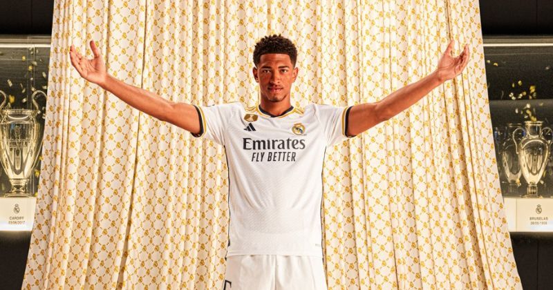 jude bellingham wearing real madrid 2023-24 home shirt in white