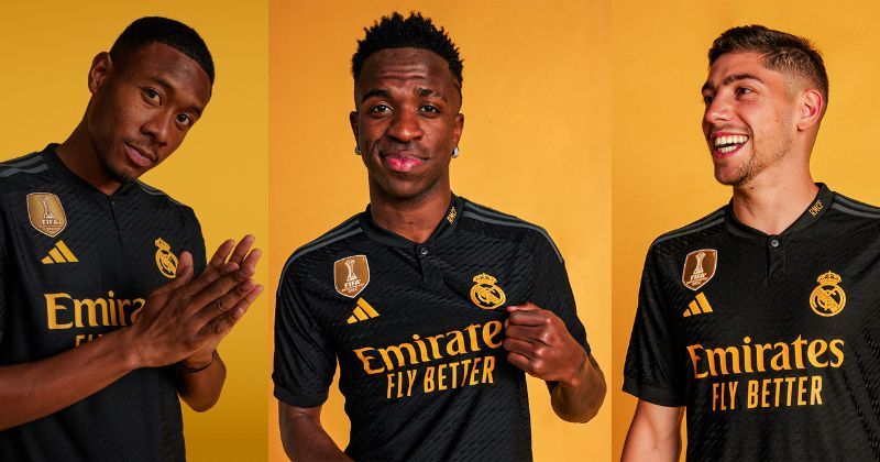 three players wearing real madrid 2023-24 third shirt in black