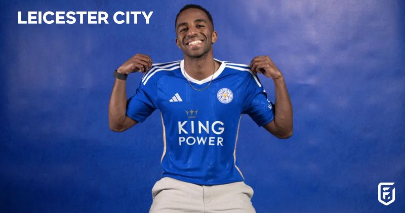 player sat wearing leicester city 2023-24 home shirt in blue