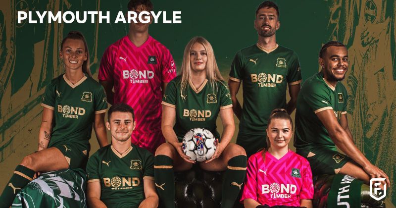 five male and female players wearing plymouth argyle 2023-24 home shirt in dark green and gold