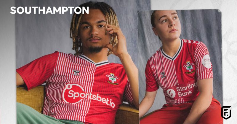 male and female players wearing southampton 2023-24 home shirt in red and white