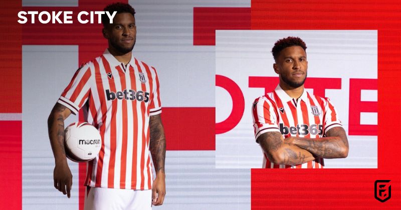 player wearing stoke city 2023-24 home shirt in red and white stripes