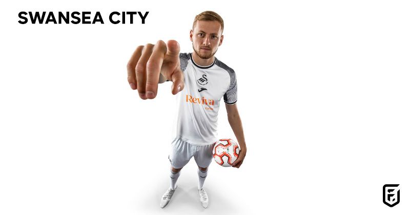 player wearing white and black swansea city 2023-24 home shirt pointing to camera