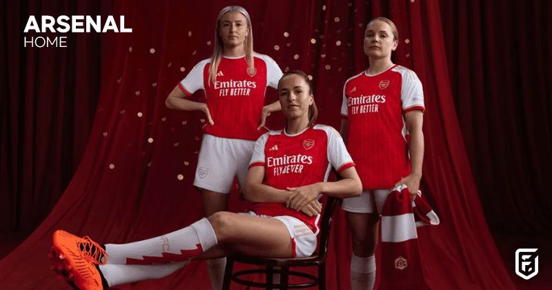 arsenal 2023-24 home shirt in red and white with gold trim