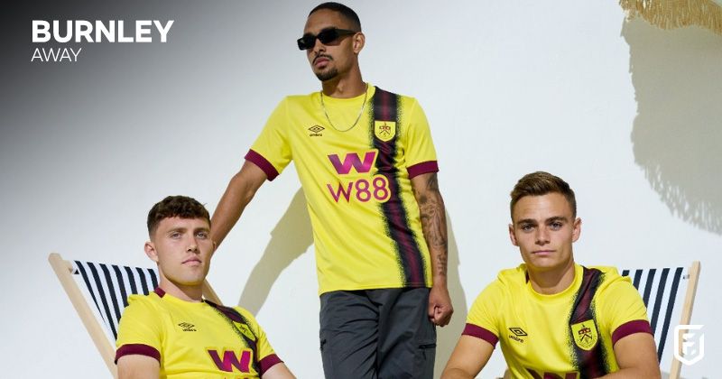 players wearing burnley 2023-24 away shirt in yellow with purple stripe