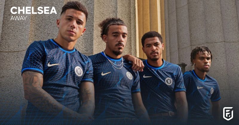 chelsea players wearing 2023-24 away shirt in black and blue