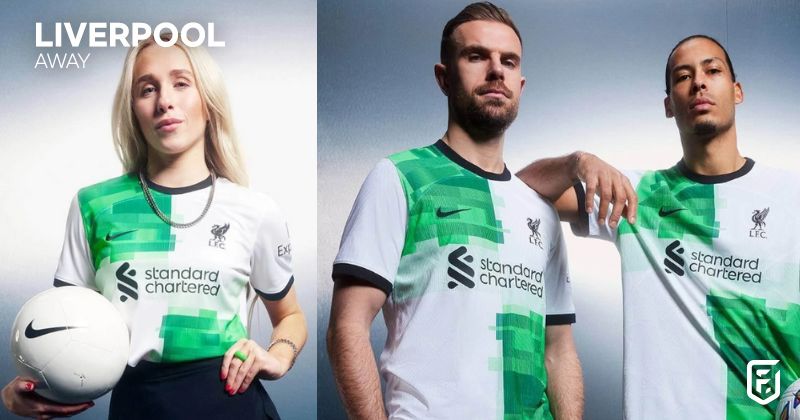 liverpool 2023-24 away shirt in green and white quarter pattern