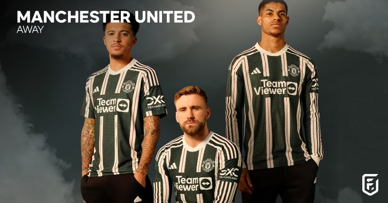 manchester united 2023-24 away shirt in green and white stripes worn by sancho shaw and rashford