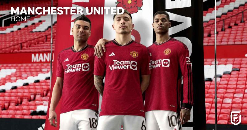 manchester united 2023-24 home shirt in red with black trims
