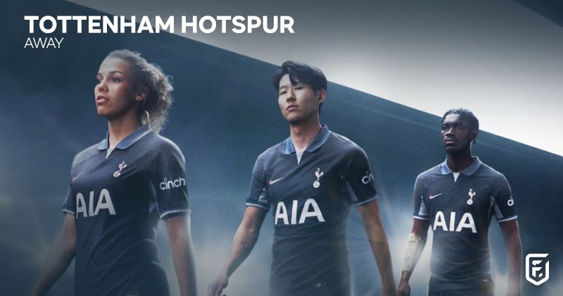 three male and female players wearing tottenham hotspur 2023-24 away shirt in navy